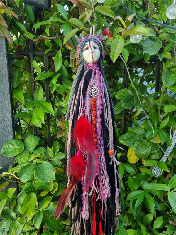 Witch Queen Rowanwyrd Spirit Doll — handmade Rowan and Mugwort altar guardian for protection, prophecy, and ancestral remembrance.