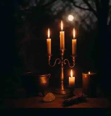 A candle-lit altar featuring a small cauldron, crystals, and a candelabra surrounded by branches and smoke. The scene captures the mystery, devotion, and ancestral magic of feminine ritual practice.