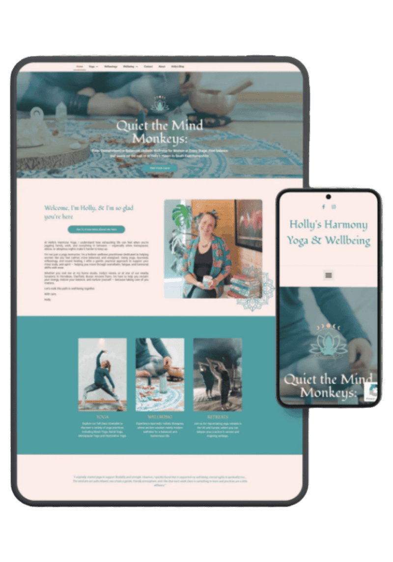 Holly’s Harmony Yoga and Wellbeing website designed by Creative Witch Designs, shown on tablet and mobile screens.
