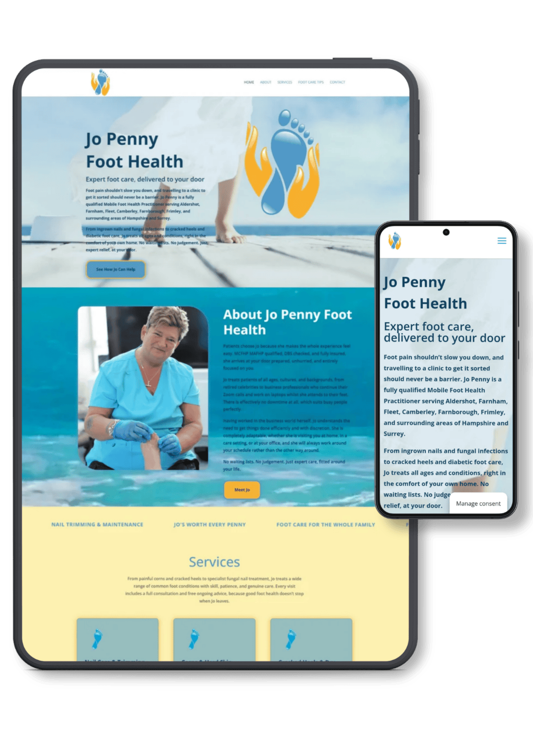 Jo Penny Foot Health mobile practitioner website designed by Creative Witch Designs
