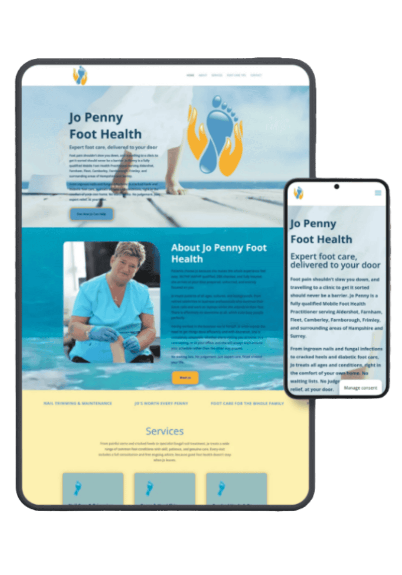 Jo Penny Foot Health website designed by Creative Witch Designs, shown on tablet and mobile screens.
