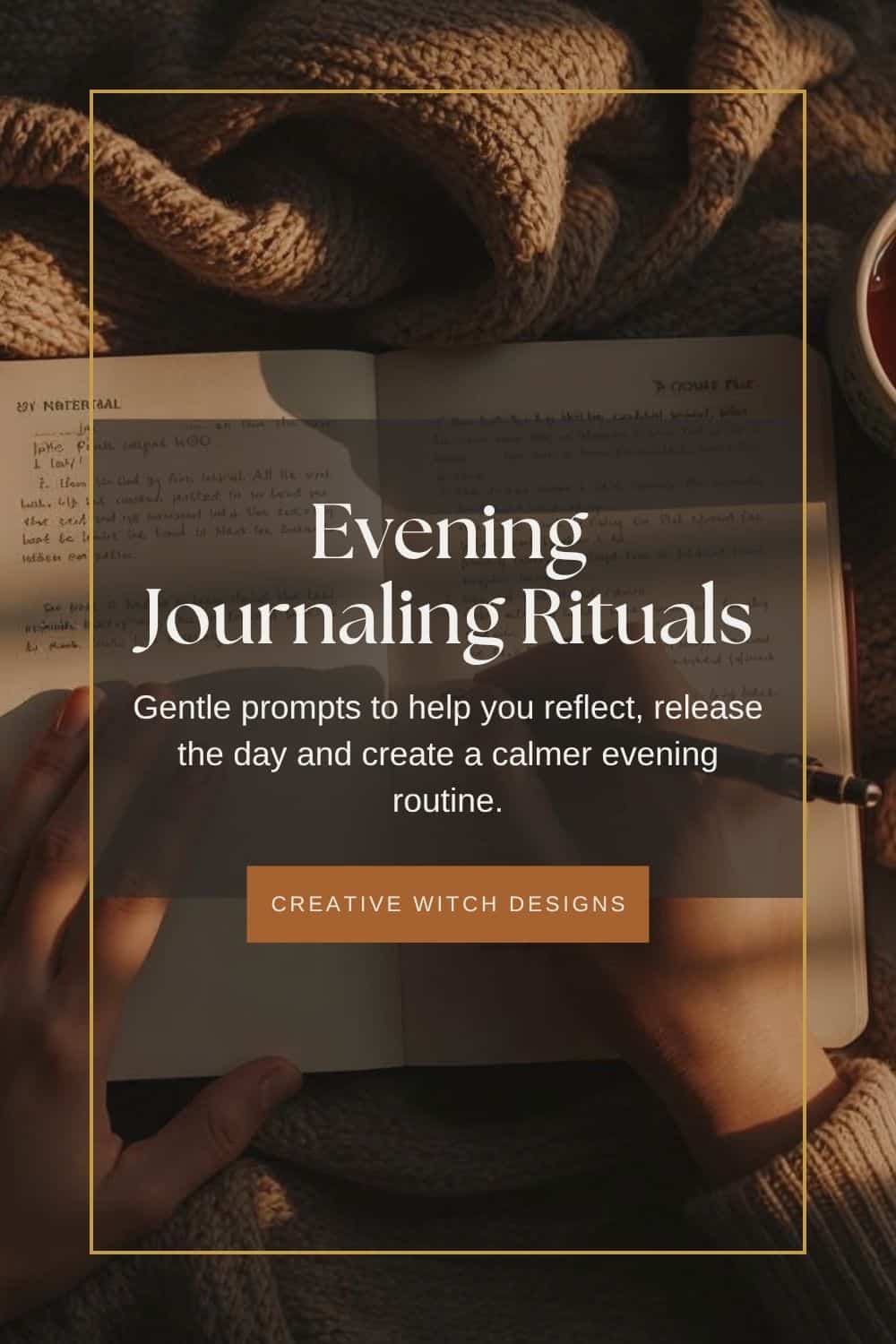 Evening Journaling Rituals blog graphic featuring an open handwritten journal and cosy blanket, exploring reflective journal prompts and calming evening routines.