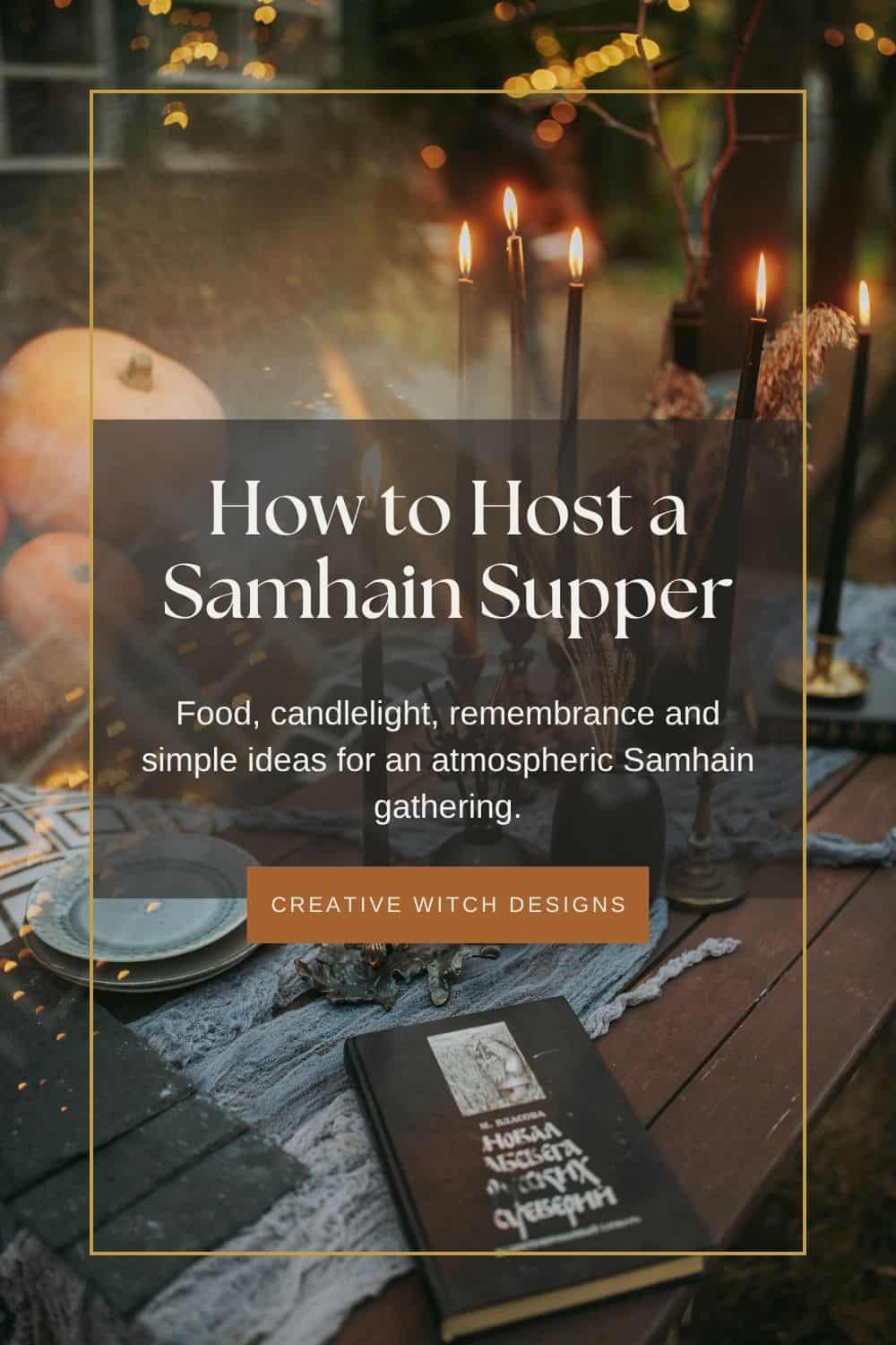 How to Host a Samhain Supper How to Host a Samhain Supper. Blog graphic featuring a candlelit autumn table setting, exploring Samhain food, ancestral remembrance and seasonal gathering ideas.