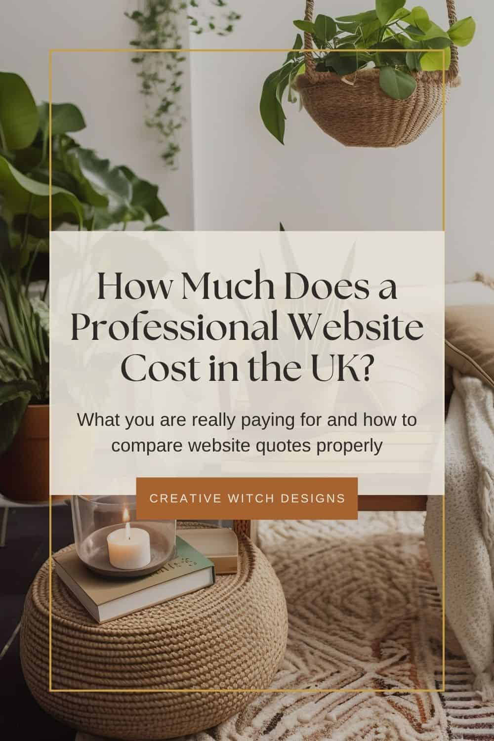 professional-website-cost-uk How Much Does a Professional Website Cost in the UK? Blog graphic featuring a cosy interior with plants and candles, introducing small business website pricing and design costs.