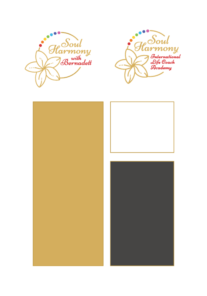 Soul Harmony Life Coaching branding featuring gold floral logos and a warm palette of ochre, cream and charcoal.