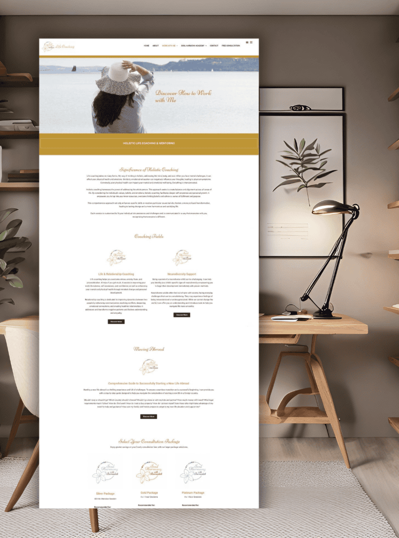 soul-harmony-life-coaching-web-design 3 (1) a page from Soul Harmony Life Coaching website placed on a background image of a neutral beige office with a light oak office desk and laptop